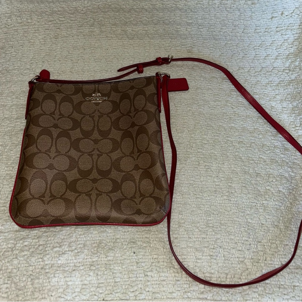 Coach Monogram Signature File Cross Body Purse Brown Red Leather Hang Tag Strap